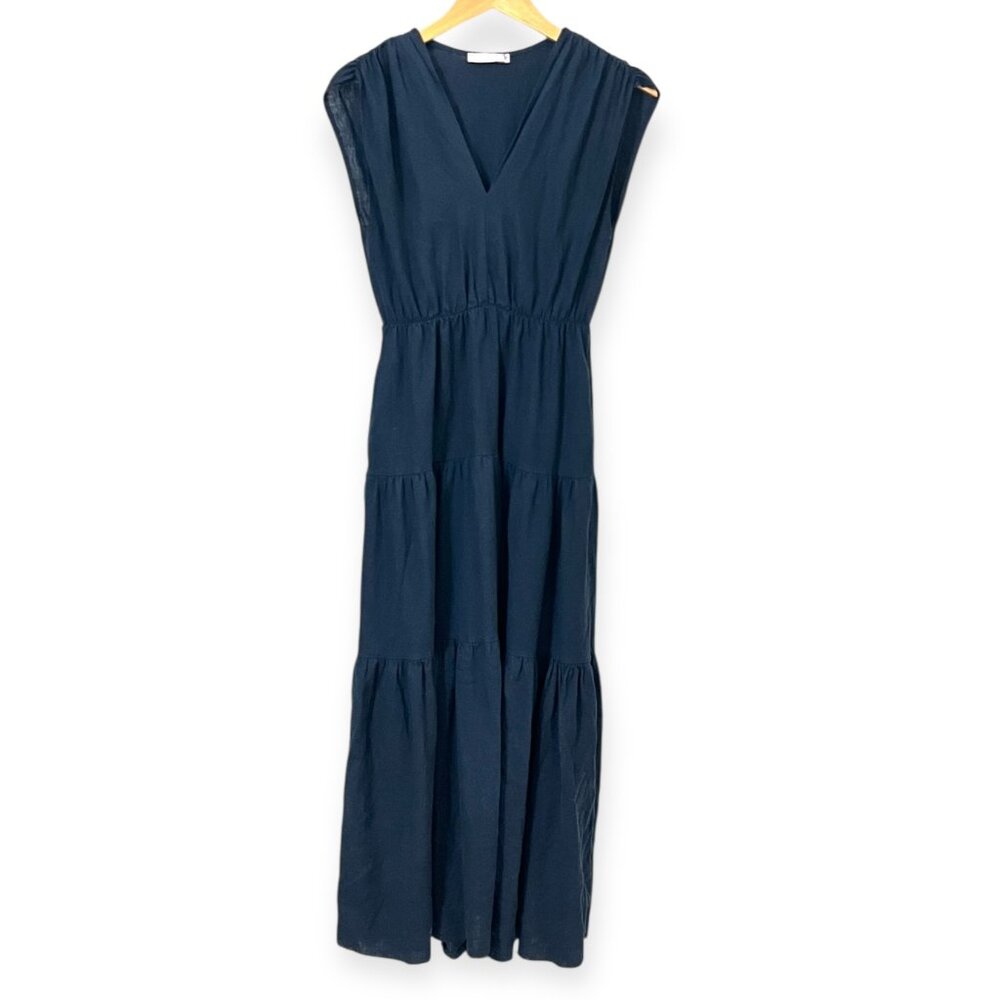 Fucsia Italy Linen Dress M Sleeveless V Neck Tiered Maxi Navy Blue Boho Summer